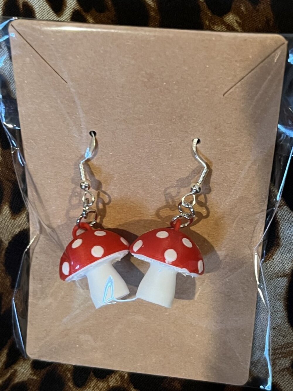 Handmade Size OSFA Red Mushroom Dangle Earrings with White Polka Dots - Picture 2 of 3